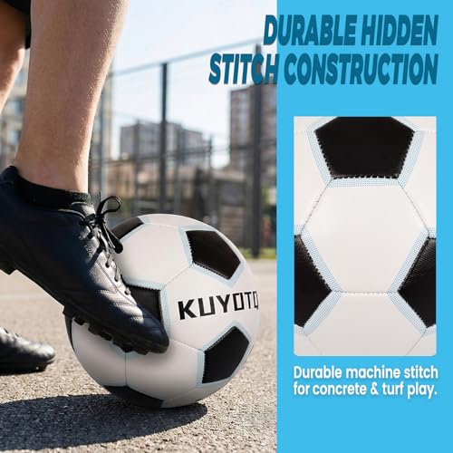 KUYOTQ Kids Youth Soccer Ball Size 4 Boys Leather Machine Stitched Hidden Stitch White Black Soccer Ball with Blue Trim for Boys Girls, Durable Strength and Water Resistance for Training and Match