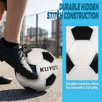 KUYOTQ Kids Youth Soccer Ball Size 4 Boys Leather Machine Stitched Hidden Stitch White Black Soccer Ball with Blue Trim for Boys Girls, Durable Strength and Water Resistance for Training and Match