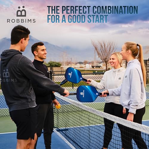 Pickleball Set with Net | 4 USA Pickleball Approved Carbon Fiber Paddles, Portable Regulation Size Net System, 8 Outdoor Balls, Duffle Bag & Carry Bag - ROBBIMS