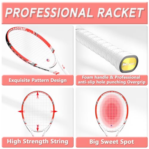 Pro Tennis Racket for Adults, 2 Player 27 inch Speed Tennis Racquet Acceptable for Beginner and Professional with 3 Tennis Balls, 2 Vibration Dampes, 2 Overgrips, Tennis Bag - color: Red