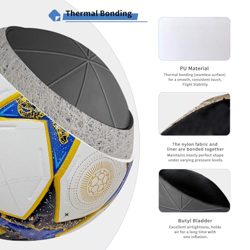 Professional Soccer Ball Size 5, Thermal Bonded Waterproof PU Match-Quality Training Ball with Pump - color: blue gold, size: size 5