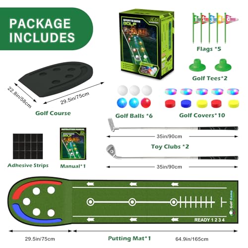 VATOS Upgraded Golf Putting Mat Indoor for kids - Golf Game Set with LED Balls, Glow Cups, Irons & Putters, Portable Putting Green Outdoor for Home Backyard Office Party, Golfing Gifts for Kids Adults