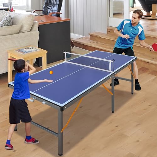 5FT Portable Ping Pong Table, Indoor Outdoor Mid Size Foldable Table Tennis Table, Table Tennis for Rec Room w/ 2 Paddles, 3 Balls, Game Net and Adjustable Feet, Sturdy Iron Frame