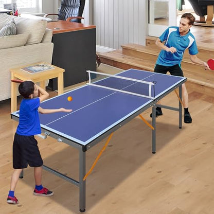 5FT Portable Ping Pong Table, Indoor Outdoor Mid Size Foldable Table Tennis Table, Table Tennis for Rec Room w/ 2 Paddles, 3 Balls, Game Net and Adjustable Feet, Sturdy Iron Frame