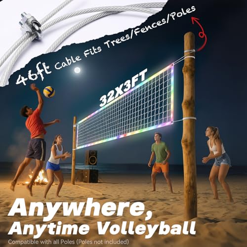 LED Volleyball Net Outdoor with Long-Lasting Lights & Reinforced Tear-Resistant Nylon, Multi-Stunning Night Modes, 46FT Extra-Long Steel Cable for Backyard & Beach (32x3FT)