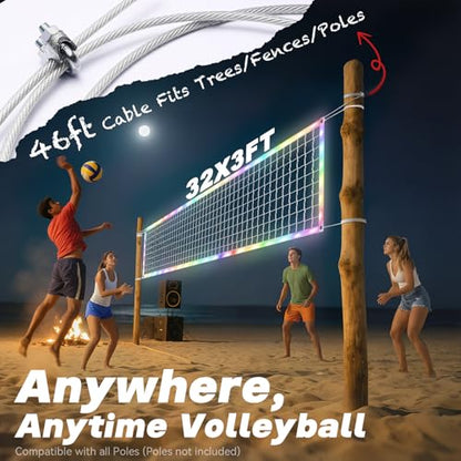 LED Volleyball Net Outdoor with Long-Lasting Lights & Reinforced Tear-Resistant Nylon, Multi-Stunning Night Modes, 46FT Extra-Long Steel Cable for Backyard & Beach (32x3FT)