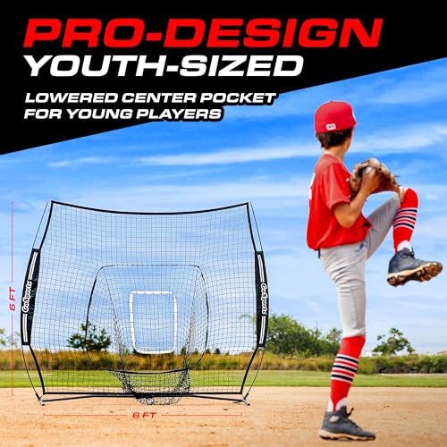 GoSports 6 x 6 ft Youth Baseball & Softball Net - Practice Hitting & Pitching Net with Bow Type Frame, Carry Bag and Strike Zone