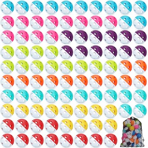 Coopay 12/50/100 Pack Plastic Baseballs Practice Training Balls Lightweight Hollow Softballs with a Drawstring Bag for Hitting Pitching Batting Training Indoor Outdoor Sport - color: Half Color Mix, style: 100 Pack