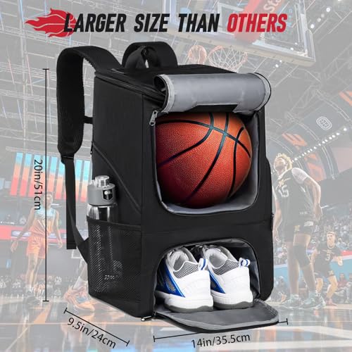 Basketball Backpack, Basketball Bag with Separate Ball Holder & Shoes Compartment Water Resistant Sports Bag Basketball Equipment Bags Fit Volleyball, Soccer, Swim, Gym, Travel, Black