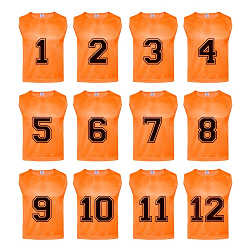 Athllete 12 pcs Duramesh Pinnies/Scrimmage Vest - Kids Youth and Adult Pinnies, Numbered Penny Jerseys for Soccer - color: Flame Orange Numbered Front/Back (1-12), size: Large