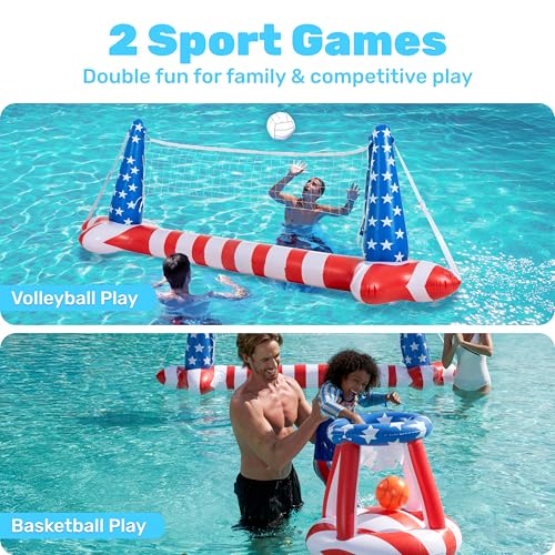 Inflatable Pool Floats Set American Flag Volleyball Net & Basketball Hoops, Swimming Pool Game Toy for Kids and Adults, Floating, Volleyball Court (105”x35”)|Basketball (27”x23”), Red White