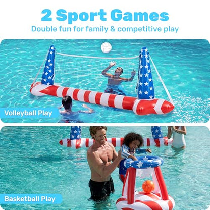 Inflatable Pool Floats Set American Flag Volleyball Net & Basketball Hoops, Swimming Pool Game Toy for Kids and Adults, Floating, Volleyball Court (105”x35”)|Basketball (27”x23”), Red White