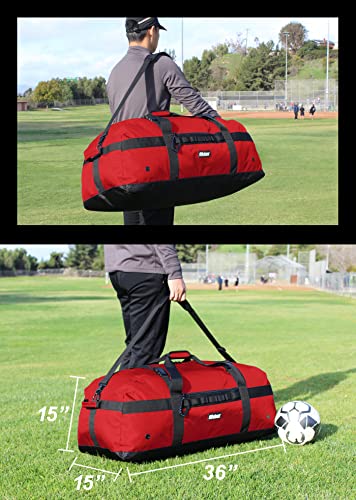 Fitdom 132L 36" Heavy Duty Extra Large Sports Gym Equipment Travel Duffel Bag W/Adjustable Shoulder & Compression Straps. Perfect for Soccer Baseball Basketball Hockey Football Team Coaches & More - color: Red