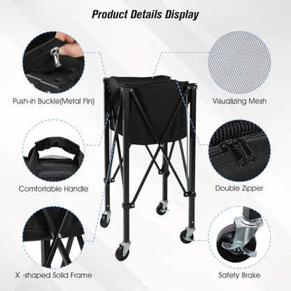 Portable Tennis Ball Hopper Holds 180 Balls, Tennis Ball Basket Cart with 4 Wheels & Brakes, Detachable Oxford Fabric Bag for Tennis and Pickleball Training, Black - color: Black Iron