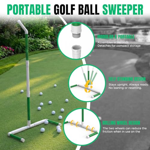 DURARANGE Portable Golf Ball Sweeper – Self-Standing No Bend Design, Modular PVC Ball Collector, Picker Upper Alternative for Golf, Pickleball & Badminton Practice