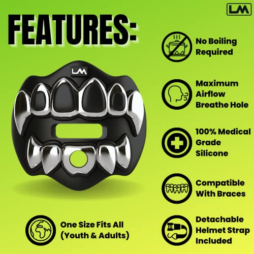Loudmouth Football Mouth Guard - 3D Chrome Grillz Football Mouthpiece, Fits Adult & Youth, Mouth Guard Accessories (3D Grillz - Chrome Black/Silver) - color: 3d Grillz - Chrome Black/Silver