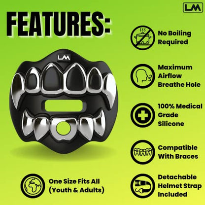 Loudmouth Football Mouth Guard - 3D Chrome Grillz Football Mouthpiece, Fits Adult & Youth, Mouth Guard Accessories (3D Grillz - Chrome Black/Silver) - color: 3d Grillz - Chrome Black/Silver