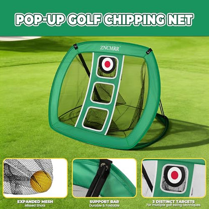 Pop Up Golf Chipping Net, Indoor/Outdoor Golfing Target Net Collapsible Portable Golf Hitting Net with 15 Training Balls and 2 Hitting Mats for Backyard Driving and Swing
