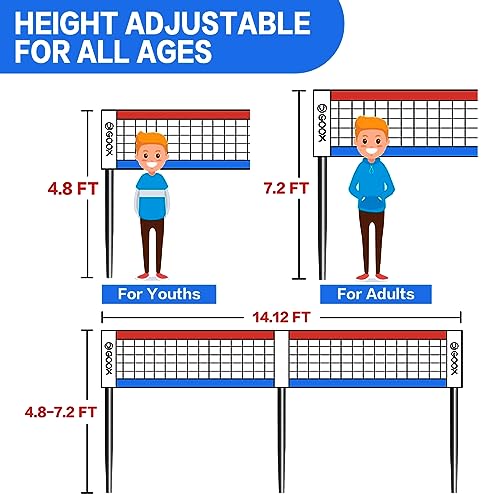 GOOX 4 Square Volleyball Net Game Set, 14 FT 4-Way Volleyball Net for Backyard Beach Lawn, Portable Four Square Volleyball Net for Adults & Youths with Vollyball, Pump, Carry Bag - color: red and blue