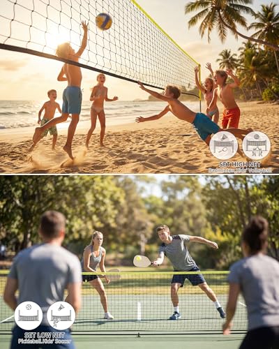 16.8FT Portable Badminton Net with Carry Bag, Height Adjustable Volleyball Net 3.5-5Ft, Complete Pickleball Set with Badminton Rackets, Shuttlecocks, Pickleball Paddles, for Indoor Outdoor Use