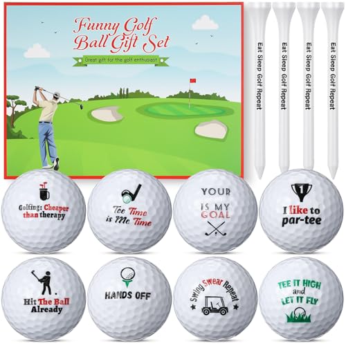 Realspring 13 Pcs Funny Golf Ball Gift Set Humor Golf Set with Funny Sayings Includes 8 Balls, 4 Tees, 1 Gift Box, Golf Ball and Tee Accessories Novelty Gifts for Dad Husband Grandpa and Golf Lovers