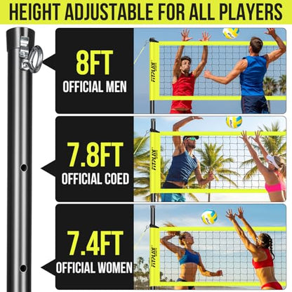 Portable Outdoor Volleyball Net Set,32FT Regulation Size Volleyballs Net System with Height Adjustable Poles,PU Volleyball,Pump,Boundary Line,Anti-Sagging and Carry Bag for Backyard,Beach,Lawn