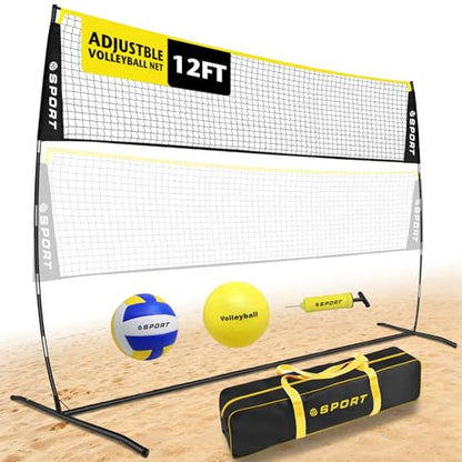 12FT Portable Volleyball Training Net Equipment Set with 2 Volleyball,Pump and Carry Bag.Outdoor/Indoor Freestanding Volleyball Practice Net 3 Adjustable Height for Driveway