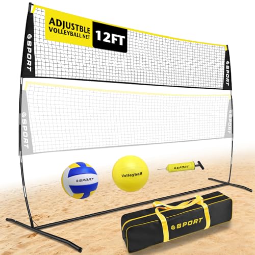 12FT Portable Volleyball Training Net Equipment Set with 2 Volleyball,Pump and Carry Bag.Outdoor/Indoor Freestanding Volleyball Practice Net 3 Adjustable Height for Driveway