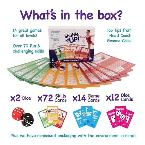 Shuffle Up Gymnastics Card Games - 70+ Fun & Active Skills Cards for Kids, Fitness Cards Develop Fundamentals, Stamina & Strength, Easy to Play for Kids | Multiple Skills Level Card Include 2 Dices - style: Gymnastics Card Games
