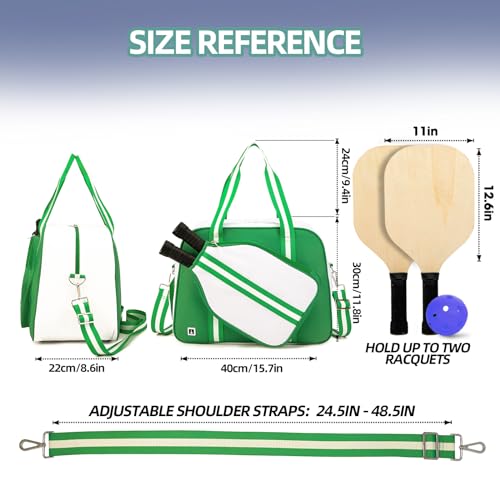 ROYALFAIR Pickleball Tote Bag for Women Men Large Capacity with Paddle Cover Pocket Internal Shoe Pocket and Adjustable Shoulder strap - color: Green