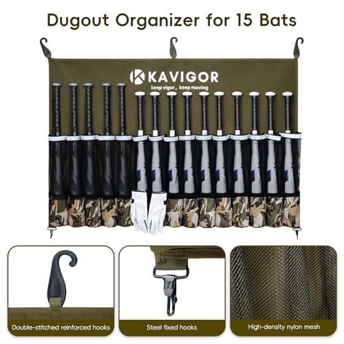 KAVIGOR 15-Bat Baseball/Softball Dugout Organizer - 900D Military-Grade Fabric & Reinforced Hooks, Holds Bats/Gloves on Fence - color: Camo Brown