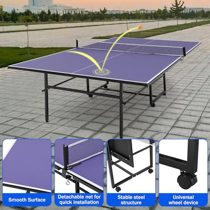 Portable Table Tennis Tables– Professional Outdoor Ping Pong Table Game, Foldable Ping Pong Game Set for Indoor/Outdoor, Ping Pong Table Top with Net, 2 Paddles and 3 Balls, Playback Mode - size: 9FT