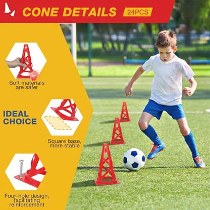 24 Pack Soccer Cones, 9 Inch Agility Cones for Soccer, Football, Basketball, Cones for Sports Training, Speed & Agility Drills, Field Marking Equipment