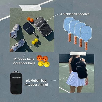 Pickleball Paddles Set of 4 Paddles with 2 Indoor & 2 Outdoor Balls, 1 Pickleball Bag, Pickleball Paddle Fiberglass Surface, Lightweight, Aesthetic, Minimal Design