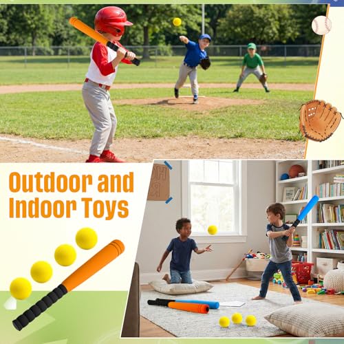 Wettarn 4 Pcs 16.5" Foam Baseball Bat with Balls Kids Soft Mini Foam Baseballs T Ball Bat Gift Set for Outdoor Indoor Sport Game Beginners Practice Playing Training (Red, Blue, Orange) - size: 16.5 Inch
