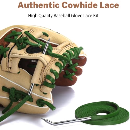 Softball Baseball Glove Lace, Mitt Lace Repair Kit Includes 2 Leather Laces and Lacing Needle for Catcher's Glove - color: Green