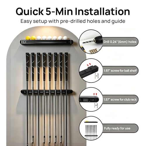 Wall-Mounted Golf Club Holder with Golf Ball Display Holder, 8 Clips Wooden Club Rack for Golfers & Collectors, Ideal Golf Accessories for Simulator, Garage, and Sports Room Wall Display