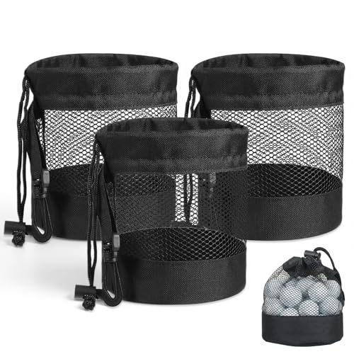 3 PCS Golf Ball Bags with Drawstring, Golf Ball Pouch & Golfing Balls Storage Organizer, Nylon Mesh for Practice (Black, 5.51x6.69 in)