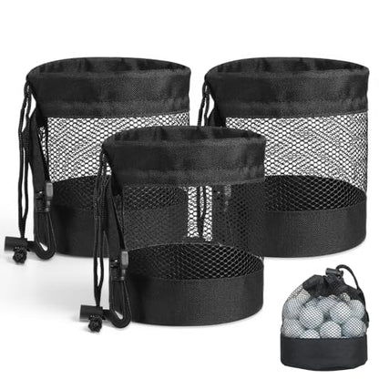 3 PCS Golf Ball Bags with Drawstring, Golf Ball Pouch & Golfing Balls Storage Organizer, Nylon Mesh for Practice (Black, 5.51x6.69 in)