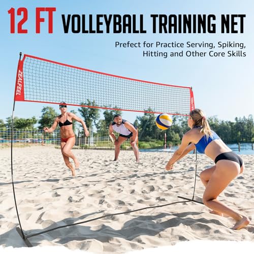 ZEALFEEL Volleyball Net, 12ft/20ft Volleyball Training Net for Backyard Height Adjustable, Portable Freestanding Practice Net for Hitting & Serving Drills, Pop up Net with Carry Bag for Indoor Outdoor - size: 12 FT Volleyball Net Set