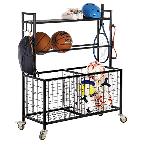 MyGift Sports Equipment Organizer, Garage Ball Storage for Indoor and Outdoor, Garage Organizer for Sports Gear and Toys, Rolling Ball Cart with Baskets, 16" D x 41" W x 49" H