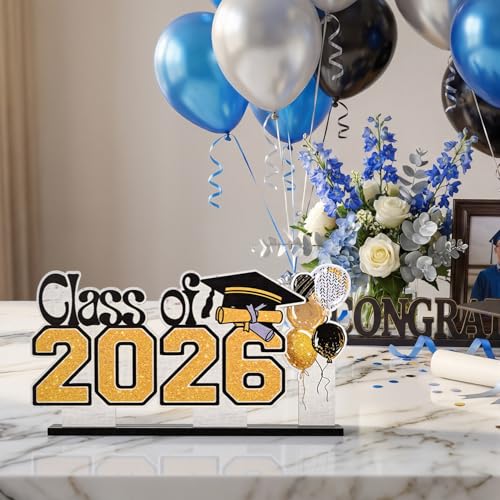 Smile 2026 Graduation Wooden Standing Decor Set, 2-Piece Class of 2026 Balloon Bouquet Tiered Tray Tabletop Signs with Stands for Graduation Party Decorations - style: Letter 2026