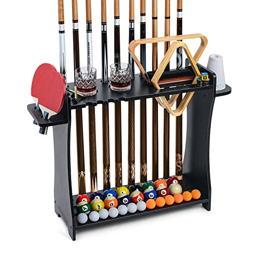 XCSOURCE Pool Stick Holder Floor Stand, 2-IN-1 Pool Cue Rack & Ping Pong Paddle Holder, 100% Solid Wood Holds 9 Cues Full Set of Balls, Billiards and Table Tennis Accessories for Man Cave, Game Room