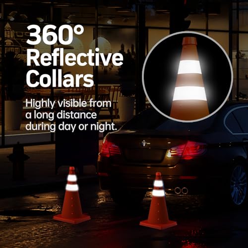 [4 Pack] 18 Inch Collapsible Traffic Safety Cones, Orange Cones, Multi Purpose Pop-up Cones with Reflective Collar, for Road Parking, Driving Practice