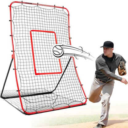 Durable Baseball Rebounder Net, 6x4 FT Pitchback Nets 5 Angles Simulate Grounder,Pop Fly,Line Drive,Softball Rebounders for Pitching,Fielding,Catching Solo Practice,Rebound Net with Strike Zone