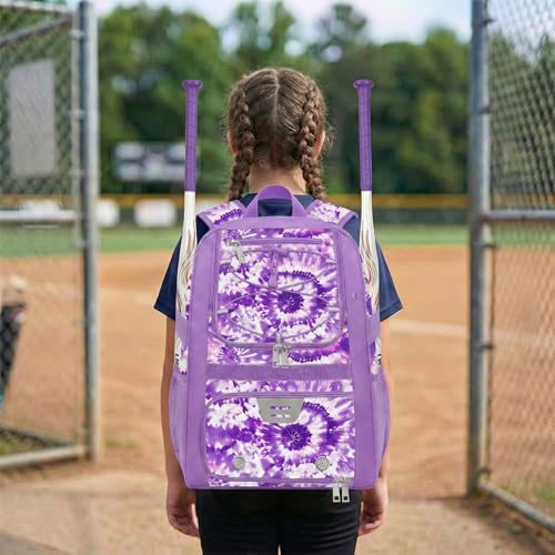 Youth Baseball Bag - Softball Bag for Girls & Boys with Shoes Compartment, Bat Backpack for Baseball, T-Ball & Softball Equipment - color: Tie-dye-Purple