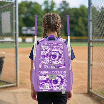 Youth Baseball Bag - Softball Bag for Girls & Boys with Shoes Compartment, Bat Backpack for Baseball, T-Ball & Softball Equipment - color: Tie-dye-Purple