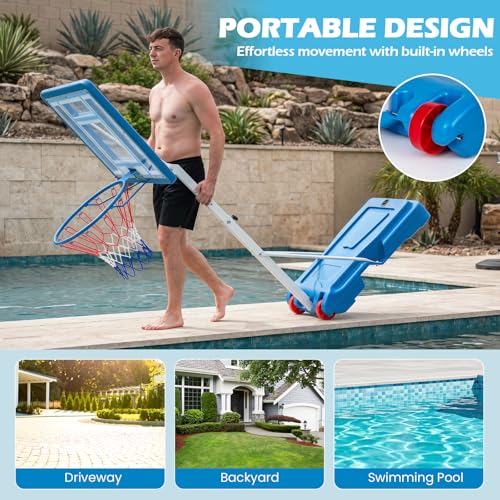 Goplus Pool Basketball Hoop, Poolside 3.3/3.6/3.9FT Adjustable Height Basketball Goal with 32" Shatterproof Backboard, Fillable Base, Wheels, Portable Pool Hoop for Outdoor