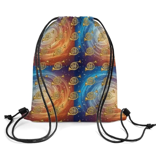 Gym Drawstring Bag Sports Sackpack Waterproof String Backpack with Shoe Compartment for Hiking Swimming Training, Gold French Horns Musical Instrument Blue Yellow Bags - color: Picture (628)