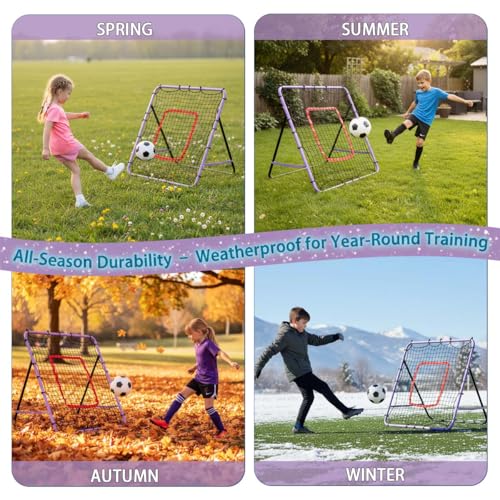 Soccer Rebounder Net, Adjustable Angle Multi-Sport Training Goal for Kids & Teens Ages 3+, Portable Backyard Practice Net with Lavender Frame & Red Target Grid